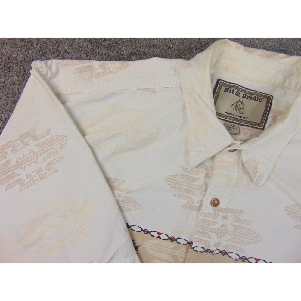 Bit & Bridle Shirt Mens XL Short Sleeve Cream Horse Print Aztec Western Cowboy‎